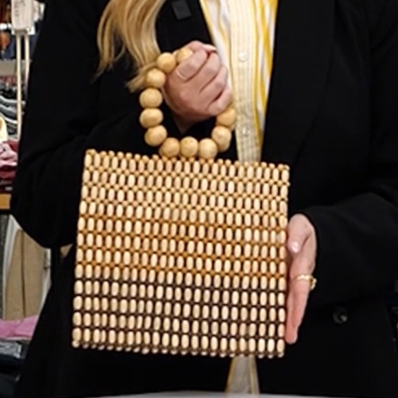 Beaded Wood Top-Handle Tote Bag in Natural - Picture 2 of 5